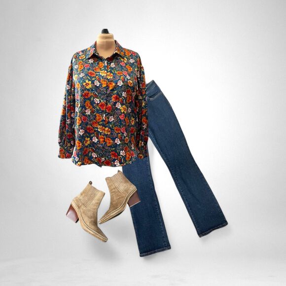 GeeGee "Found You" Blue Floral Satan Bubble Sleeve Blouse, Size 1X - Picture 2 of 8